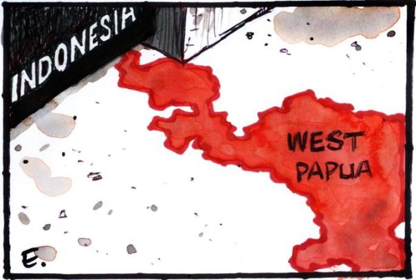  West Papua: "still off limits to foreign journalists and human rights". Cartoon: © Malcolm Evans / PJR